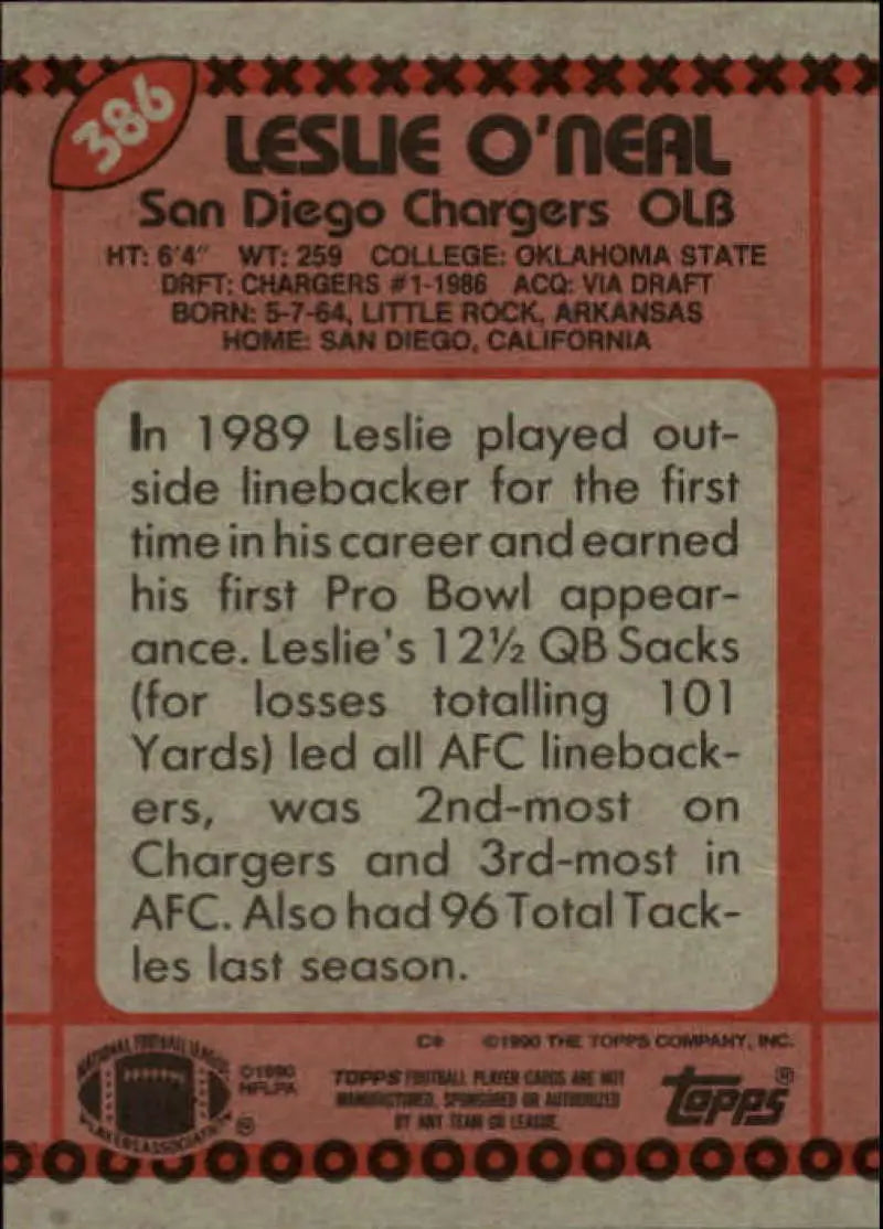 1990 Topps #386 Leslie O’Neal EX Excellent San Diego Chargers Football Card - Football Card Single