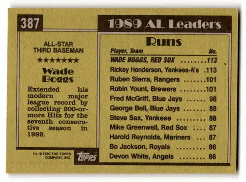 1990 Topps #387 Wade Boggs EX/NM Red Sox AS ID:56547 - Baseball Card Single