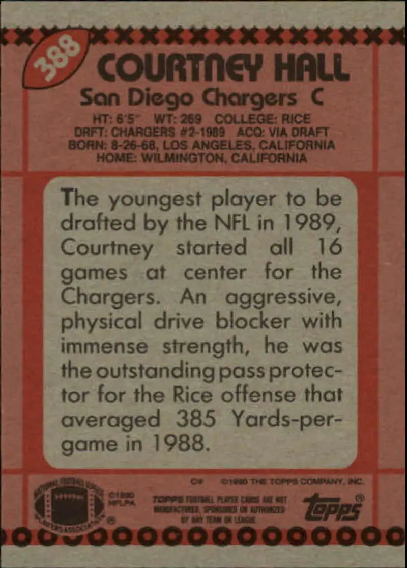 1990 Topps #388 Courtney Hall EX Excellent RC Rookie San Diego Chargers Football Card