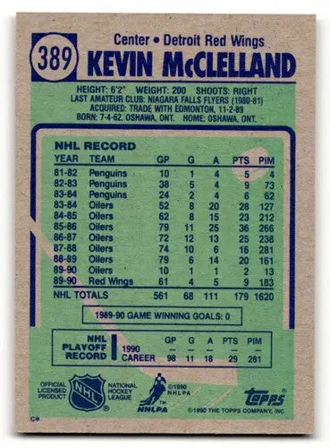 1990 Topps #389 Kevin McClelland Detroit Red Wings Hockey Cards NM N ID:55519 - Hockey Card Single