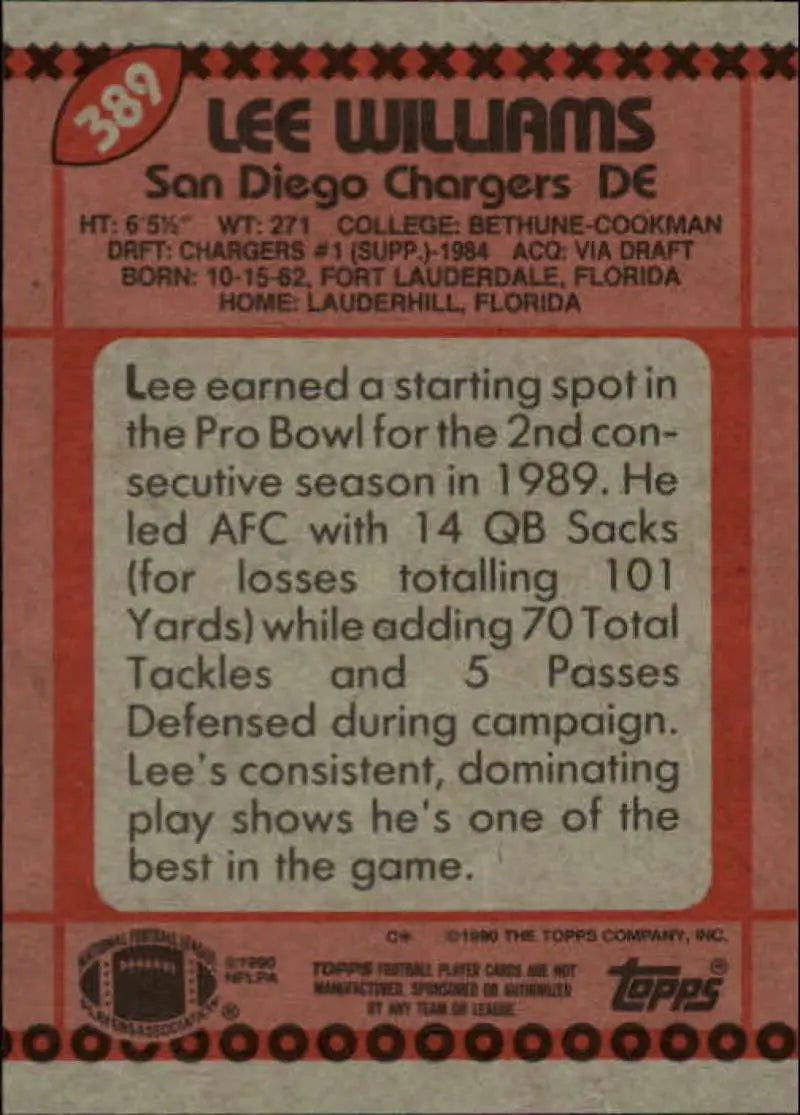 1990 Topps #389 Lee Williams EX Excellent San Diego Chargers Football Card - Football Card Single