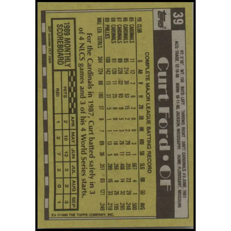 1990 Topps #39 Curt Ford NM-MT Philadelphia Phillies Baseball Card - Baseball Card Single