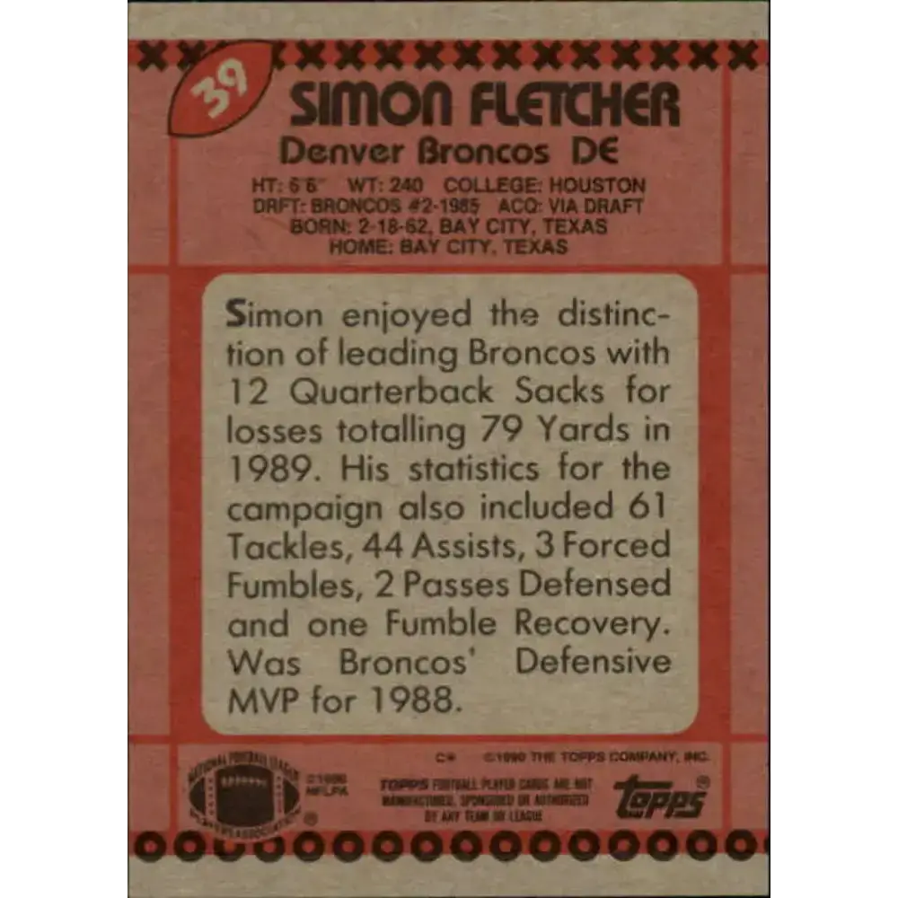 1990 Topps #39 Simon Fletcher EX Excellent Denver Broncos Football Card - Football Card Single