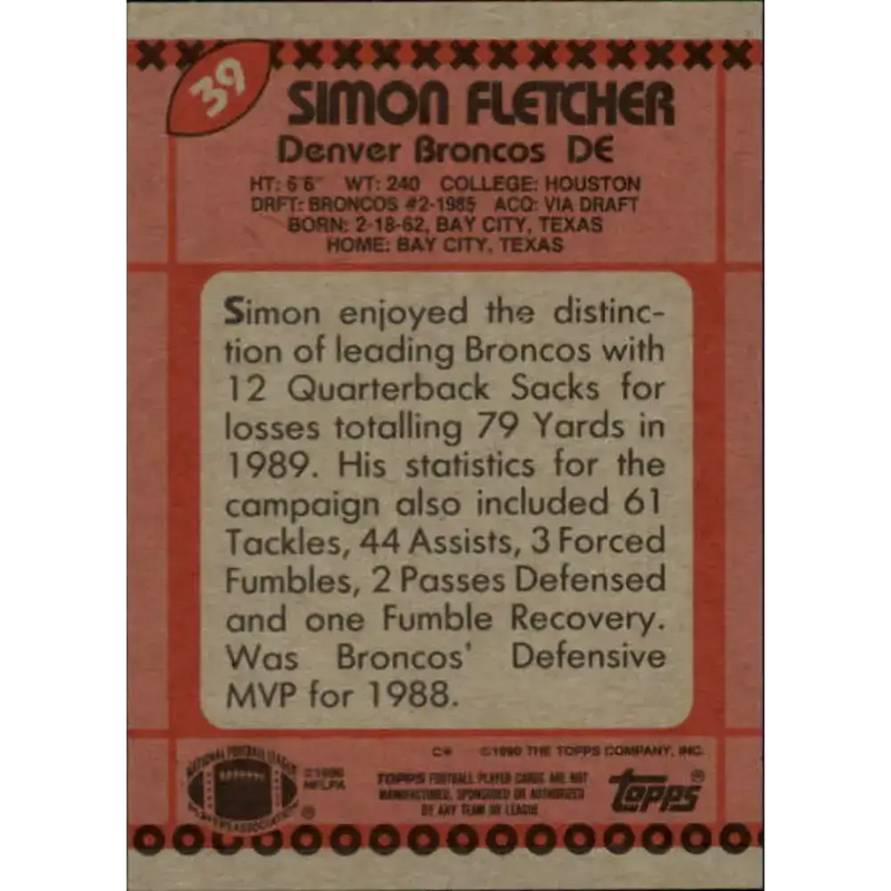1990 Topps #39 Simon Fletcher EX Excellent Denver Broncos Football Card - Football Card Single