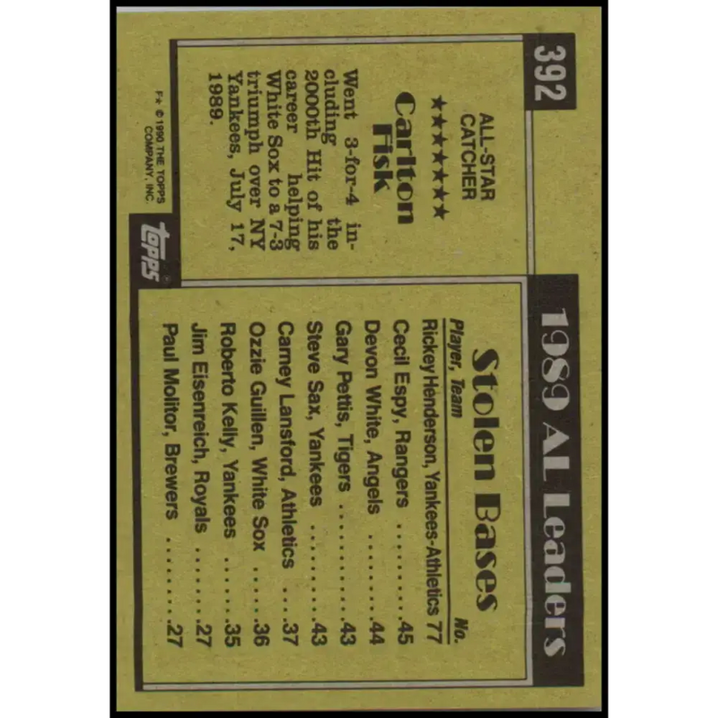 1990 Topps #392 Carlton Fisk AS NM-MT Chicago White Sox Baseball Card - Baseball Card Single