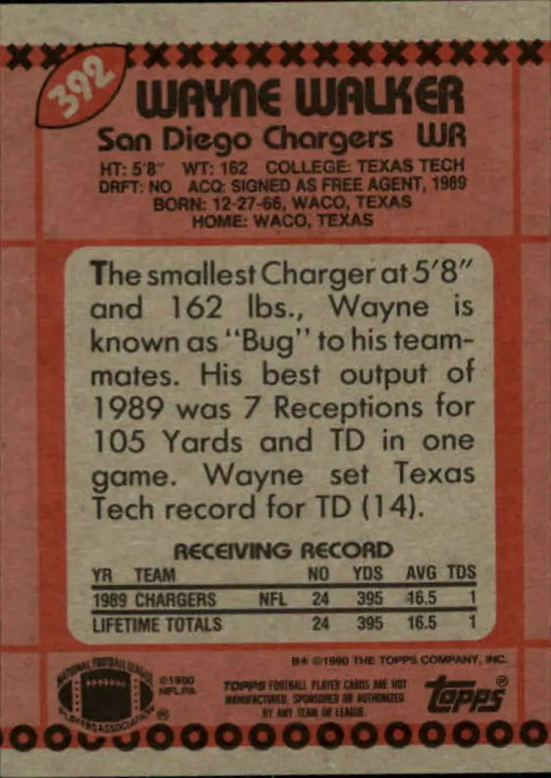 1990 Topps #392 Wayne Walker EX Excellent RC Rookie San Diego Chargers Football Card - Football Card Single