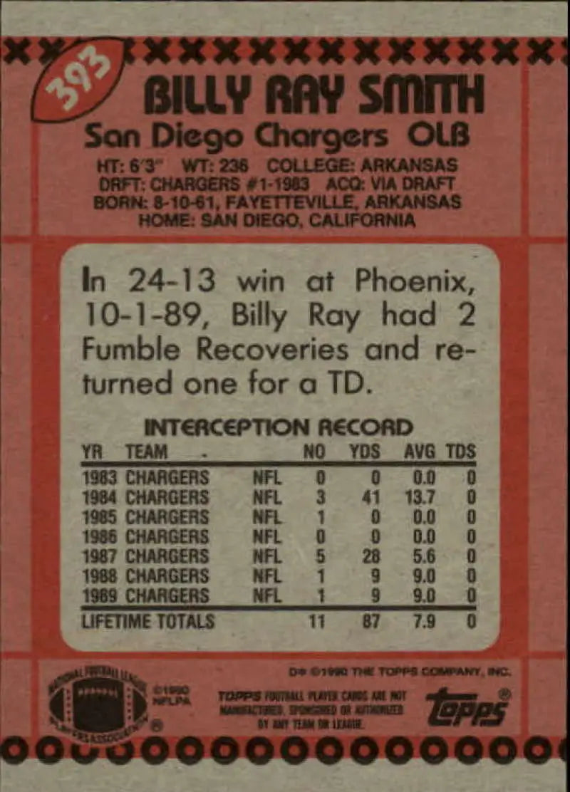 1990 Topps #393 Billy Ray Smith EX Excellent San Diego Chargers Football Card - Football Card Single