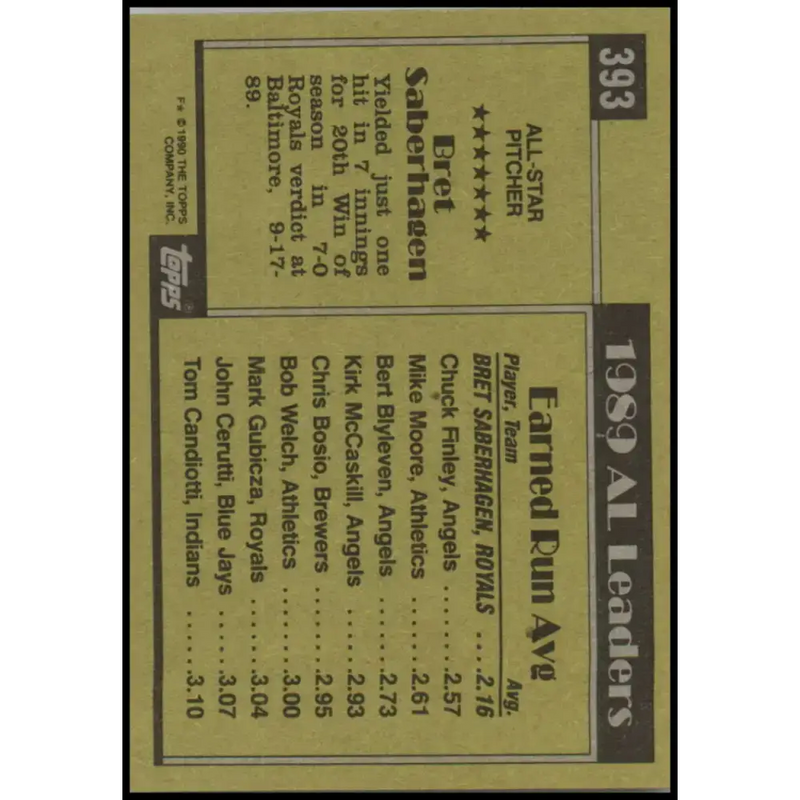 1990 Topps #393 Bret Saberhagen AS NM-MT Kansas City Royals Baseball Card - Baseball Card Single