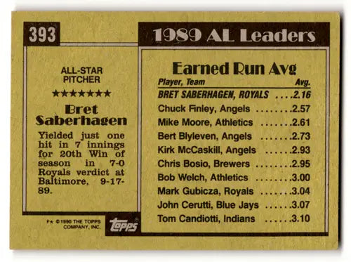 1989 Topps Bret Saberhagen baseball card with original gloss from 1990 Topps series