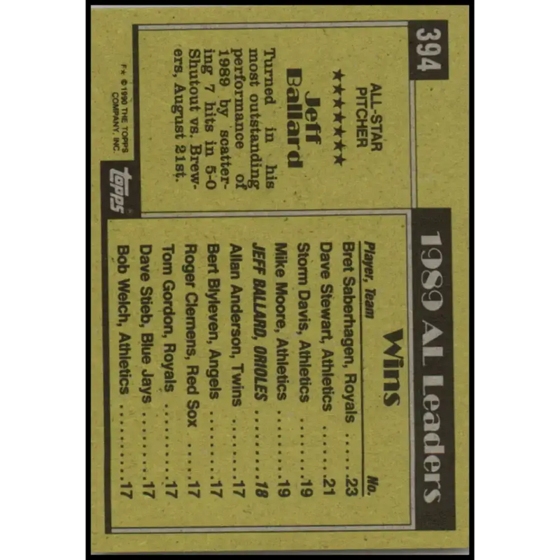 1990 Topps #394 Jeff Ballard AS NM-MT Baltimore Orioles Baseball Card - Baseball Card Single