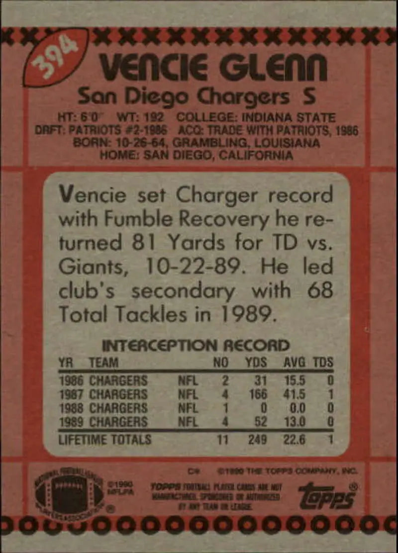 1990 Topps #394 Vencie Glenn EX Excellent San Diego Chargers Football Card - Football Card Single