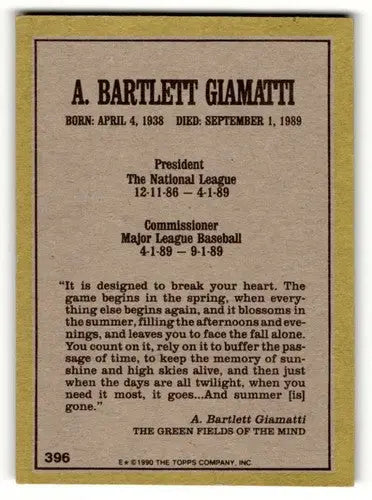 1990 Topps #396 Bart Giamatti Baseball Cards EX/NM ID:55626 - Baseball Card Single