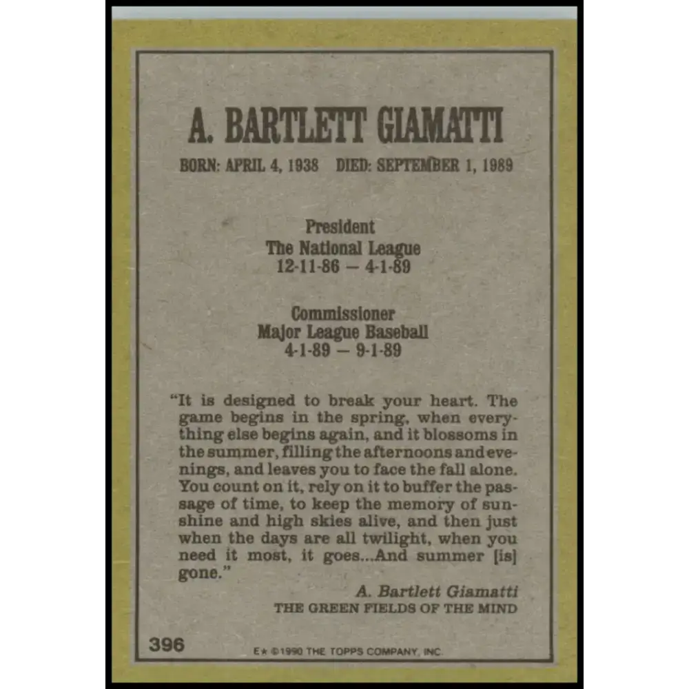 1990 Topps #396 Bart Giamatti NM-MT Baseball Card - Baseball Card Single