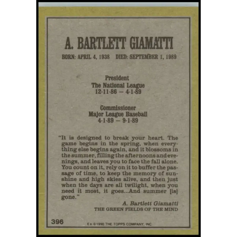 1990 Topps #396 Bart Giamatti NM-MT Baseball Card - Baseball Card Single