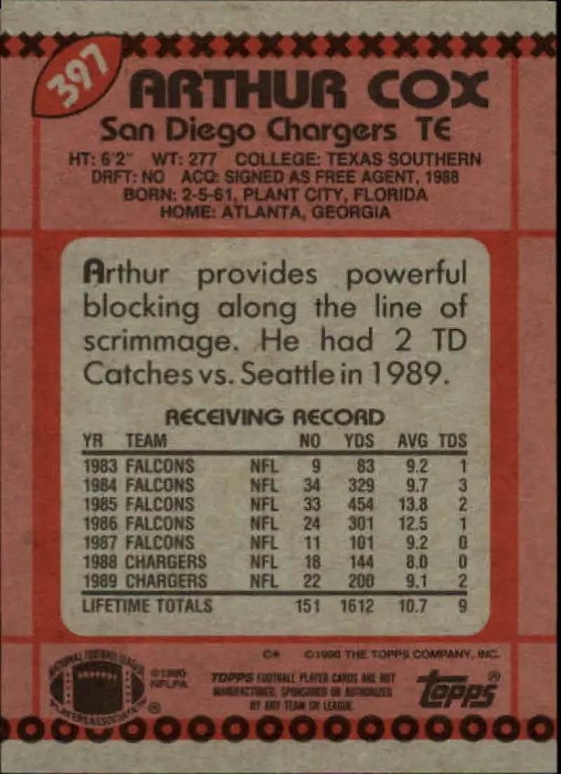 1990 Topps #397 Arthur Cox EX Excellent San Diego Chargers Football Card