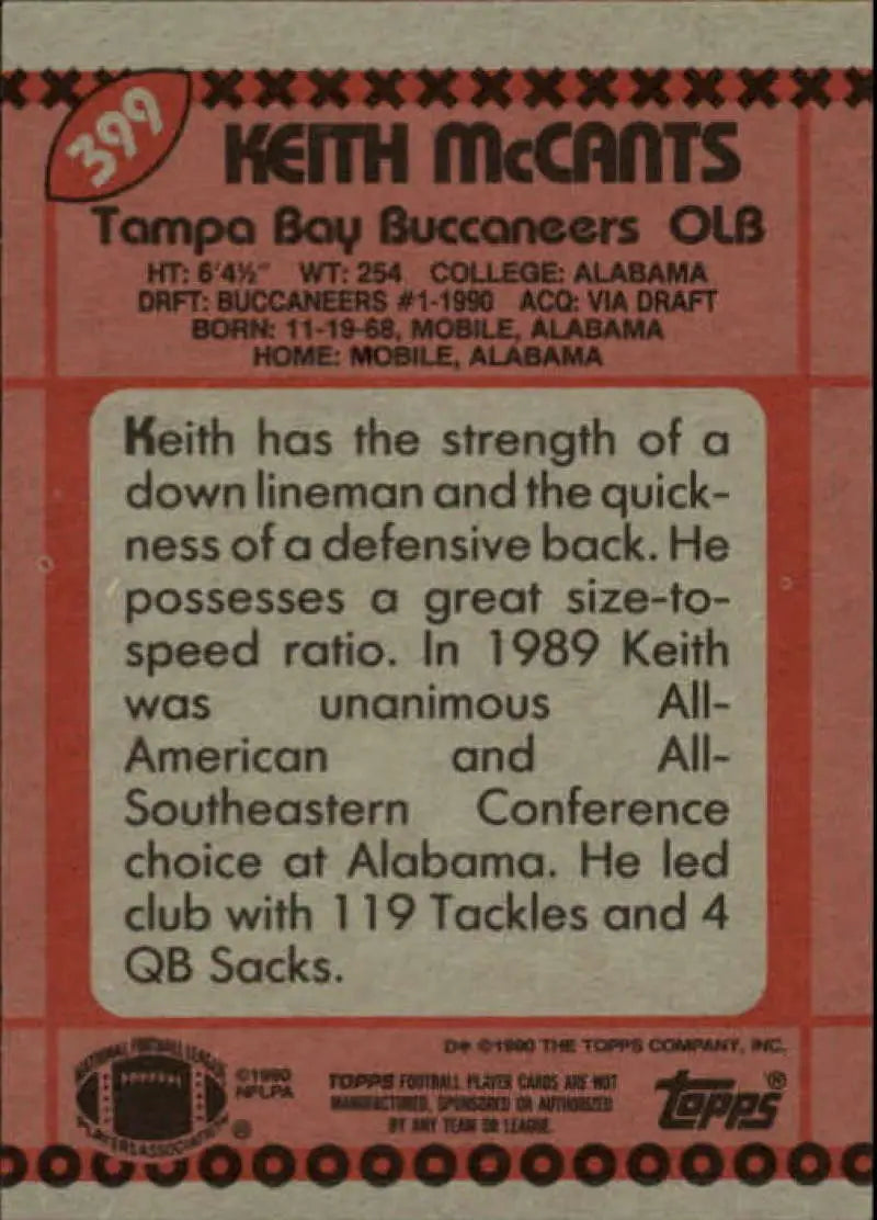 1990 Topps #399 Keith McCants EX Excellent RC Rookie Tampa Bay Buccaneers Football Card - Football Card Single