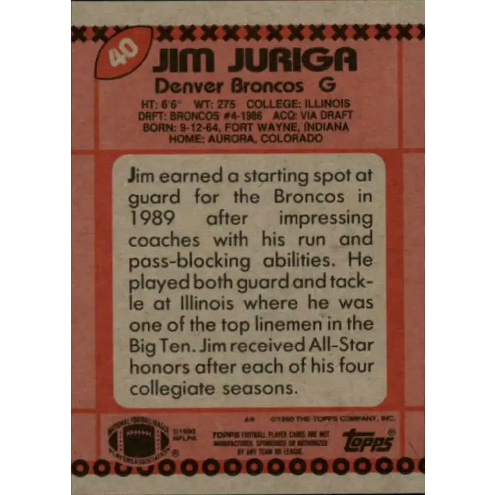 1990 Topps #40 Jim Juriga EX Excellent Denver Broncos Football Card - Football Card Single