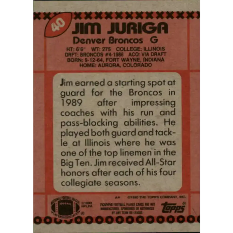 1990 Topps #40 Jim Juriga EX Excellent Denver Broncos Football Card - Football Card Single