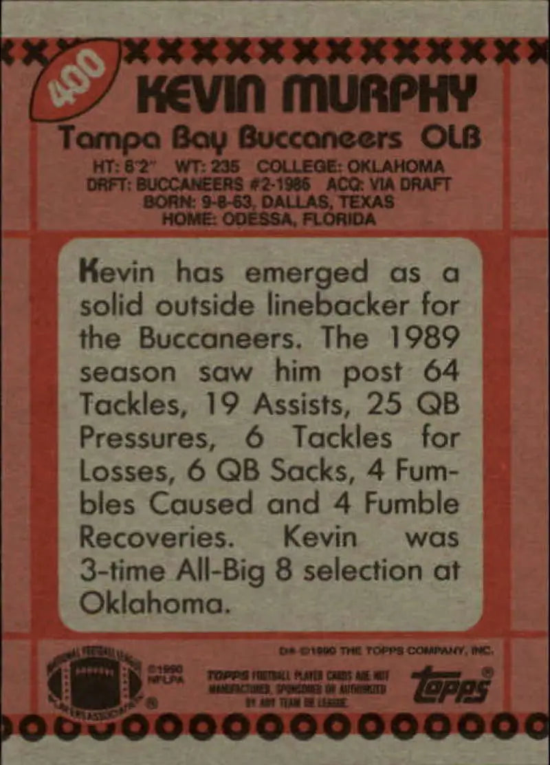 1990 Topps #400 Kevin Murphy EX Excellent Tampa Bay Buccaneers Football Card - Football Card Single