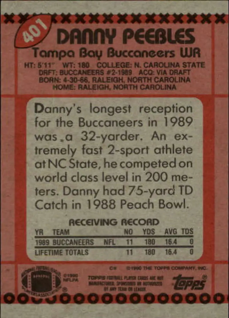 1990 Topps #401 Danny Peebles EX Excellent Tampa Bay Buccaneers Football Card - Football Card Single