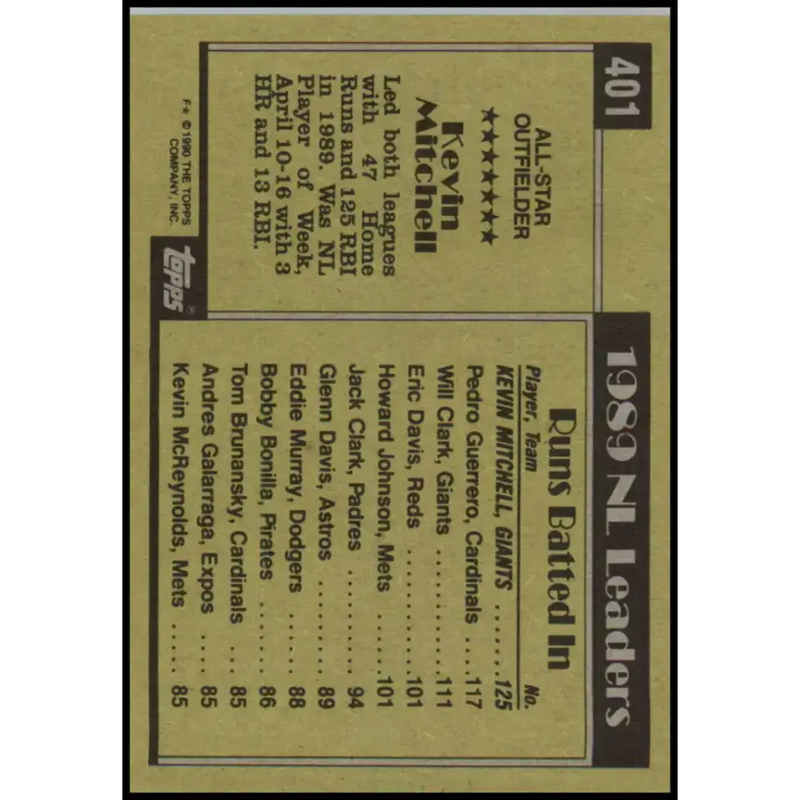 1990 Topps #401 Kevin Mitchell AS NM-MT San Francisco Giants Baseball Card - Baseball Card Single