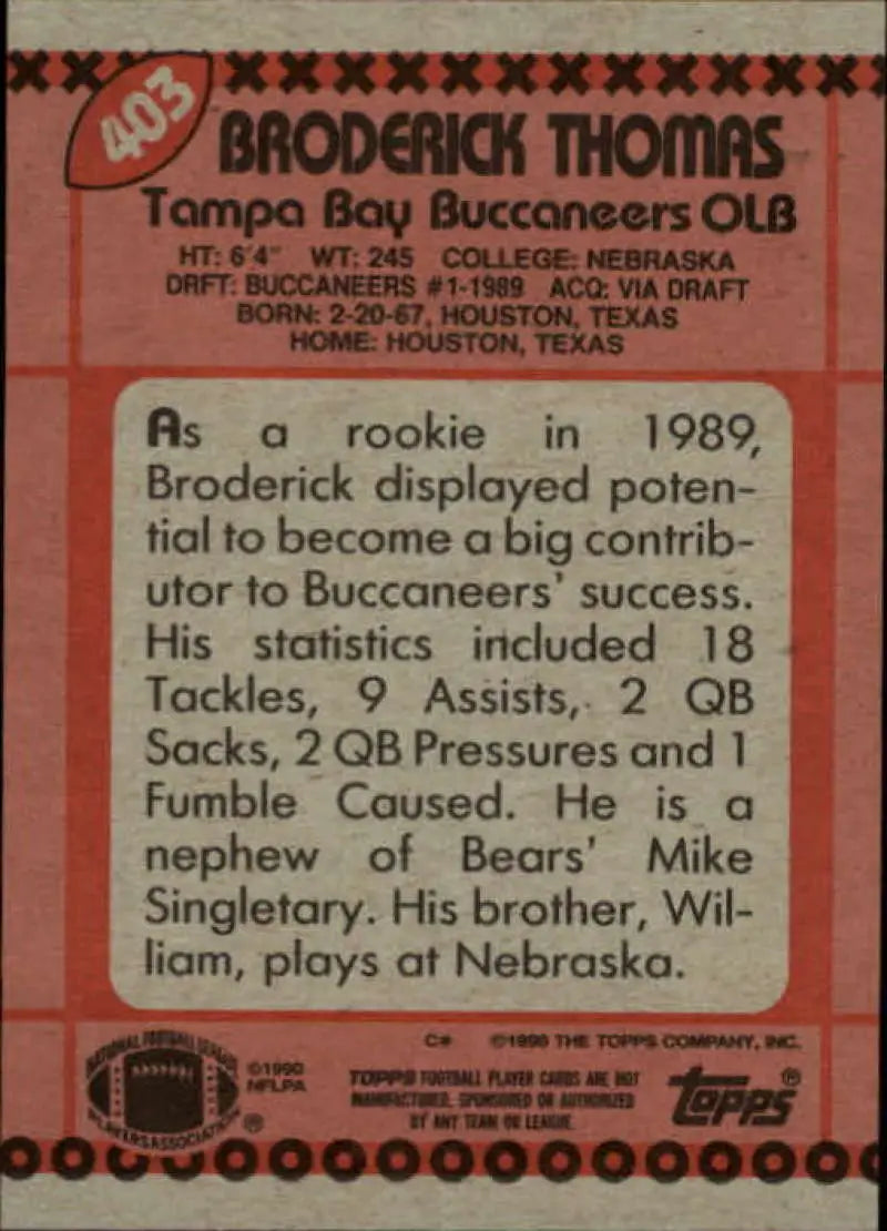 1990 Topps #403 Broderick Thomas EX Excellent Tampa Bay Buccaneers Football Card - Football Card Single