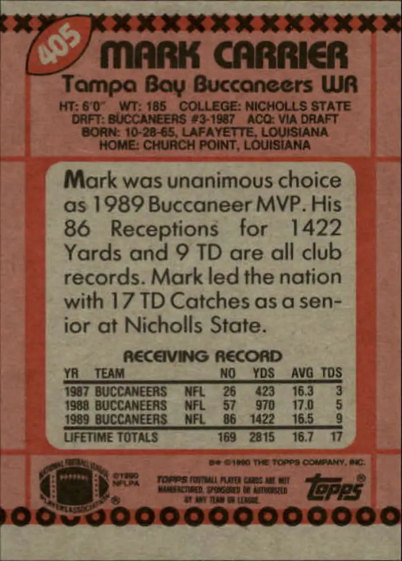 1990 Topps #405 Mark Carrier EX Excellent Tampa Bay Buccaneers Football Card - Football Card Single