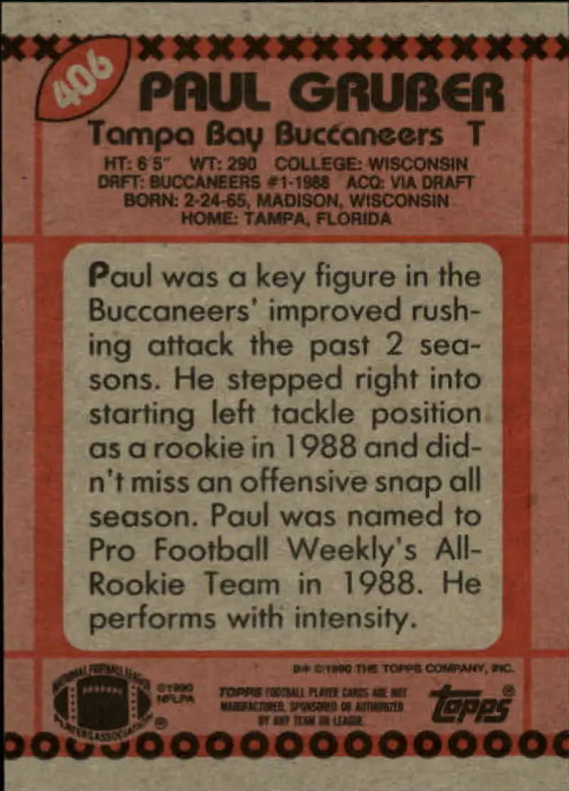 1990 Topps #406 Paul Gruber EX Excellent Tampa Bay Buccaneers Football Card - Football Card Single