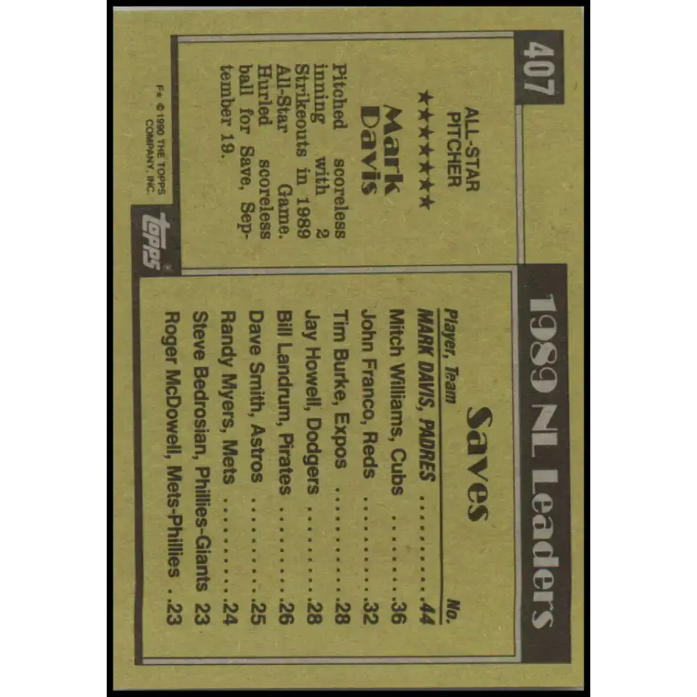 1990 Topps #407 Mark Davis AS NM-MT San Diego Padres Baseball Card - Baseball Card Single