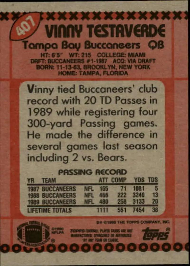 1990 Topps #407 Vinny Testaverde EX Excellent Tampa Bay Buccaneers Football Card - Football Card Single