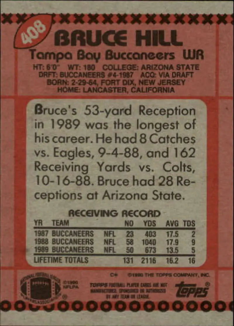 1990 Topps #408 Bruce Hill EX Excellent Tampa Bay Buccaneers Football Card - Football Card Single