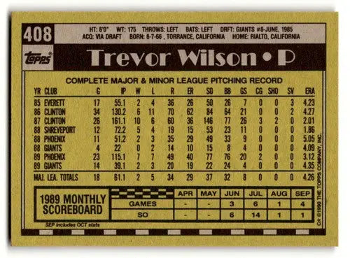 Original gloss Trevor Wilson San Francisco Giants baseball card from 1990 Topps #408