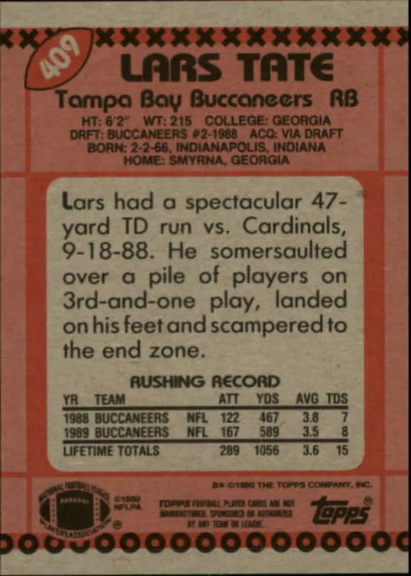 1990 Topps #409 Lars Tate EX Excellent Tampa Bay Buccaneers Football Card - Football Card Single