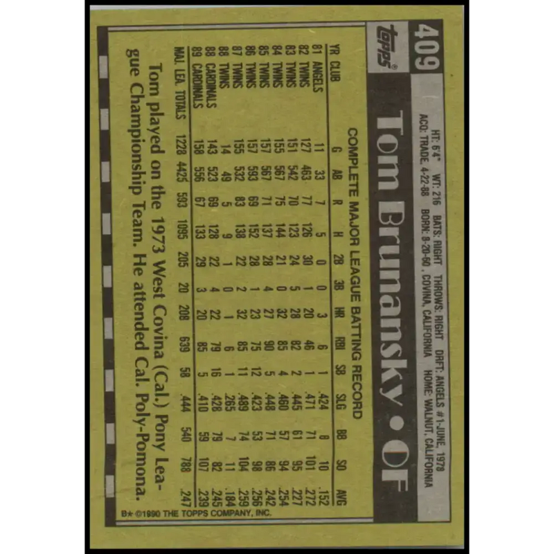 1990 Topps #409 Tom Brunansky NM-MT St. Louis Cardinals Baseball Card - Baseball Card Single