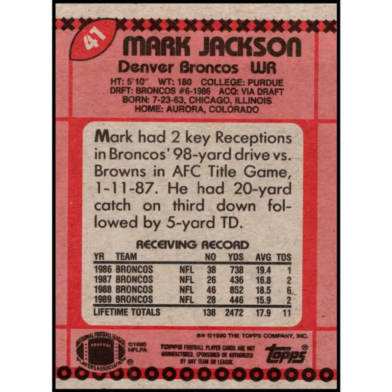 1990 Topps #41 Mark Jackson EX Excellent Denver Broncos Football Card - Football Card Single