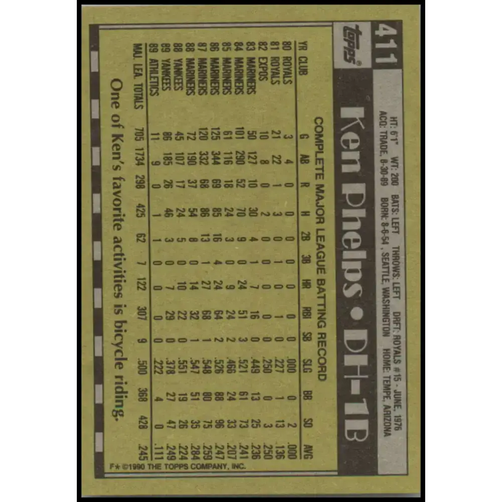 1990 Topps #411 Ken Phelps NM-MT Oakland Athletics Baseball Card - Baseball Card Single