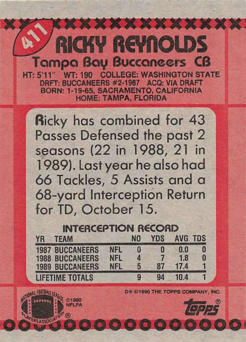 1990 Topps #411 Ricky Reynolds EX Excellent Tampa Bay Buccaneers Football Card - Football Card Single