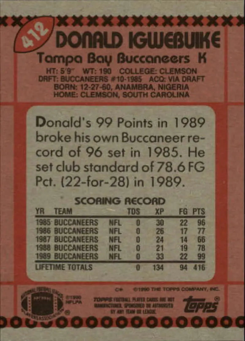 1990 Topps #412 Donald Igwebuike EX Excellent Tampa Bay Buccaneers Football Card - Football Card Single