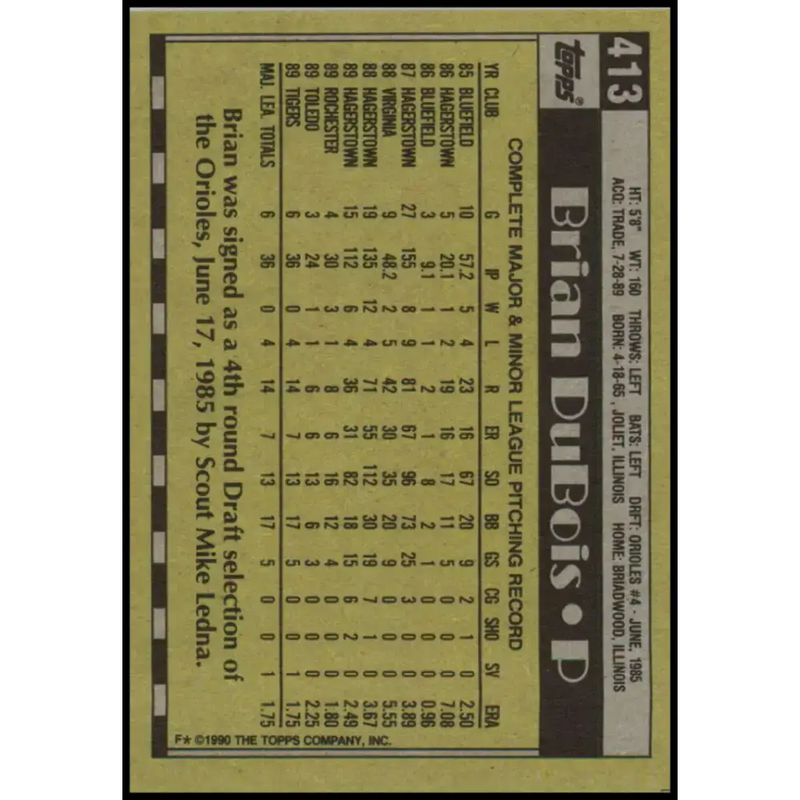 1990 Topps #413 Brian DuBois NM-MT RC Rookie Detroit Tigers Baseball Card - Baseball Card Single