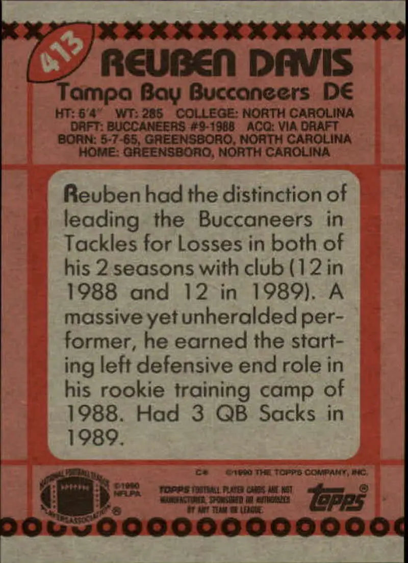 1990 Topps #413 Reuben Davis EX Excellent Tampa Bay Buccaneers Football Card - Football Card Single