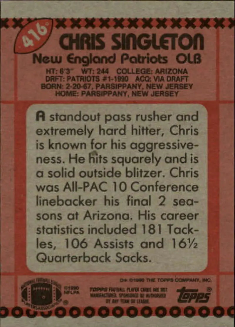 1990 Topps #416 Chris Singleton EX Excellent RC Rookie New England Patriots Football Card - Football Card Single