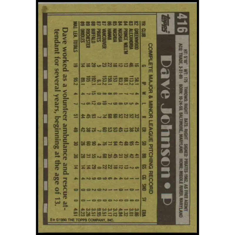 1990 Topps #416 Dave Johnson NM-MT RC Rookie Baltimore Orioles Baseball Card - Baseball Card Single
