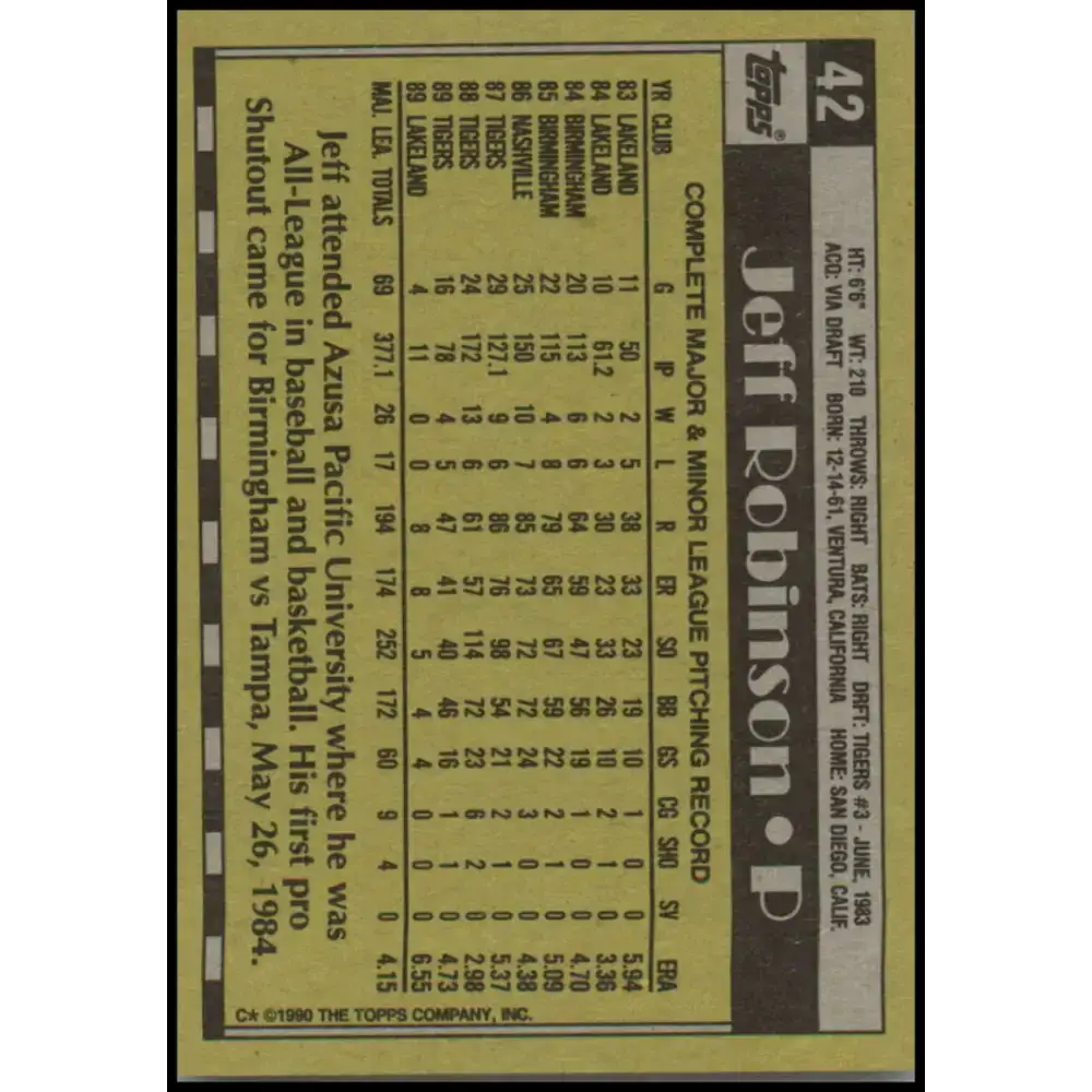 1990 Topps #42 Jeff Robinson NM-MT Detroit Tigers Baseball Card - Baseball Card Single