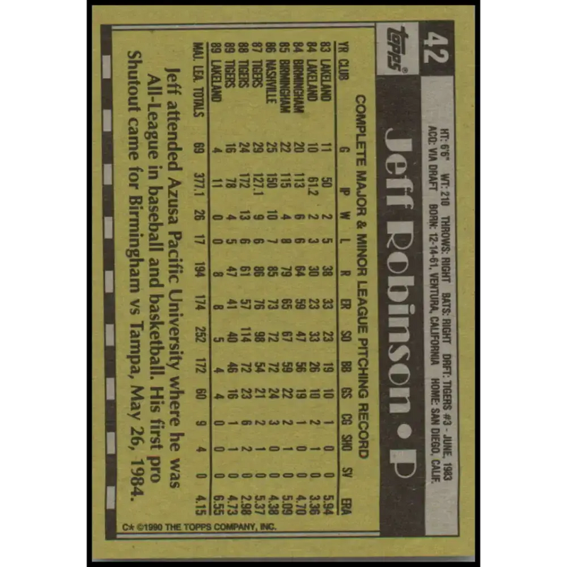 1990 Topps #42 Jeff Robinson NM-MT Detroit Tigers Baseball Card - Baseball Card Single