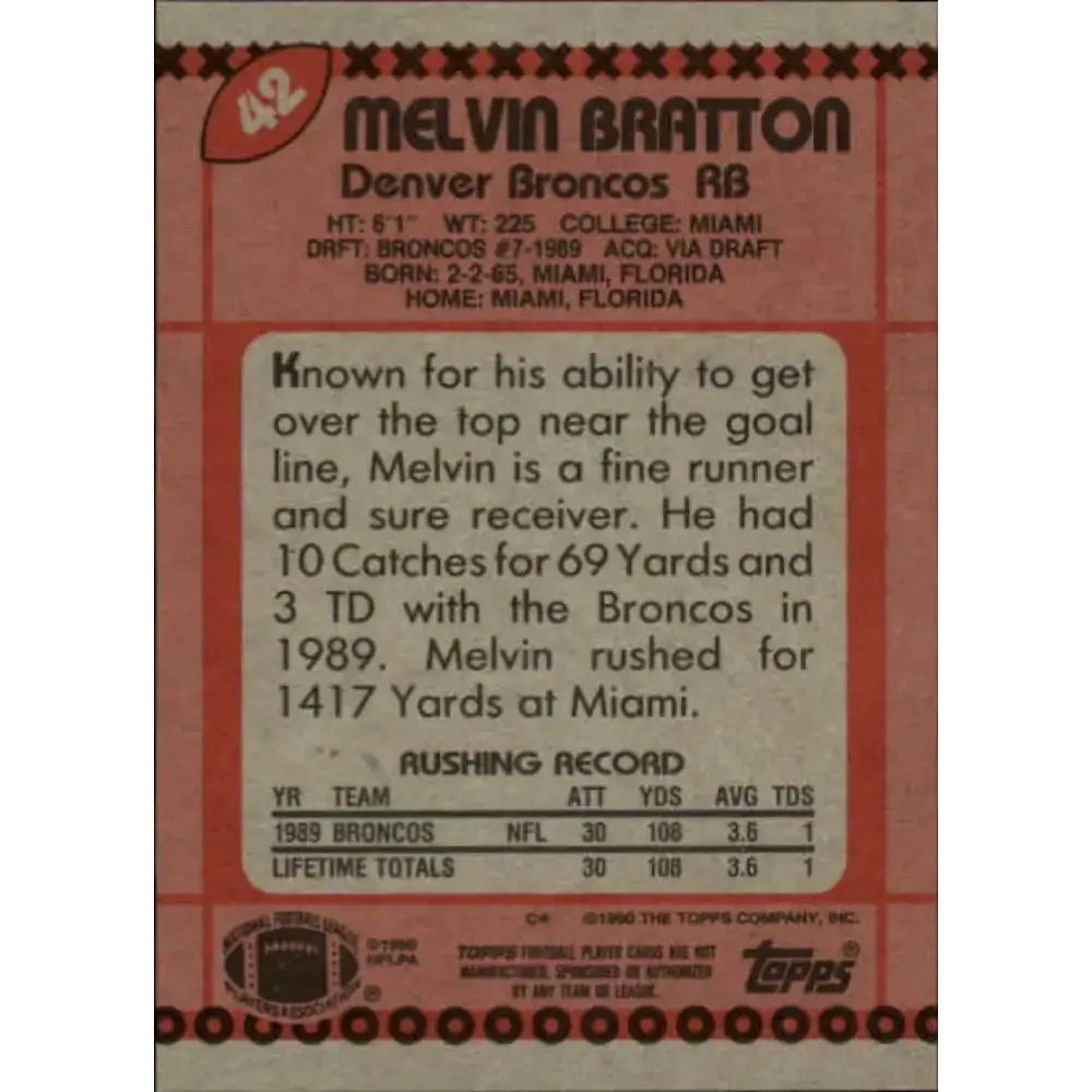 1990 Topps #42 Melvin Bratton EX Excellent RC Rookie Denver Broncos Football Card - Football Card Single