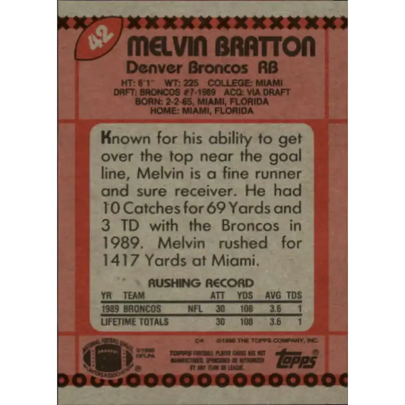 1990 Topps #42 Melvin Bratton EX Excellent RC Rookie Denver Broncos Football Card - Football Card Single