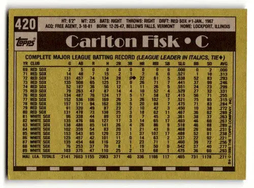 1990 Topps #420 Carlton Fisk Chicago White Sox Baseball Cards EX/NM ID:55661 - Baseball Card Single