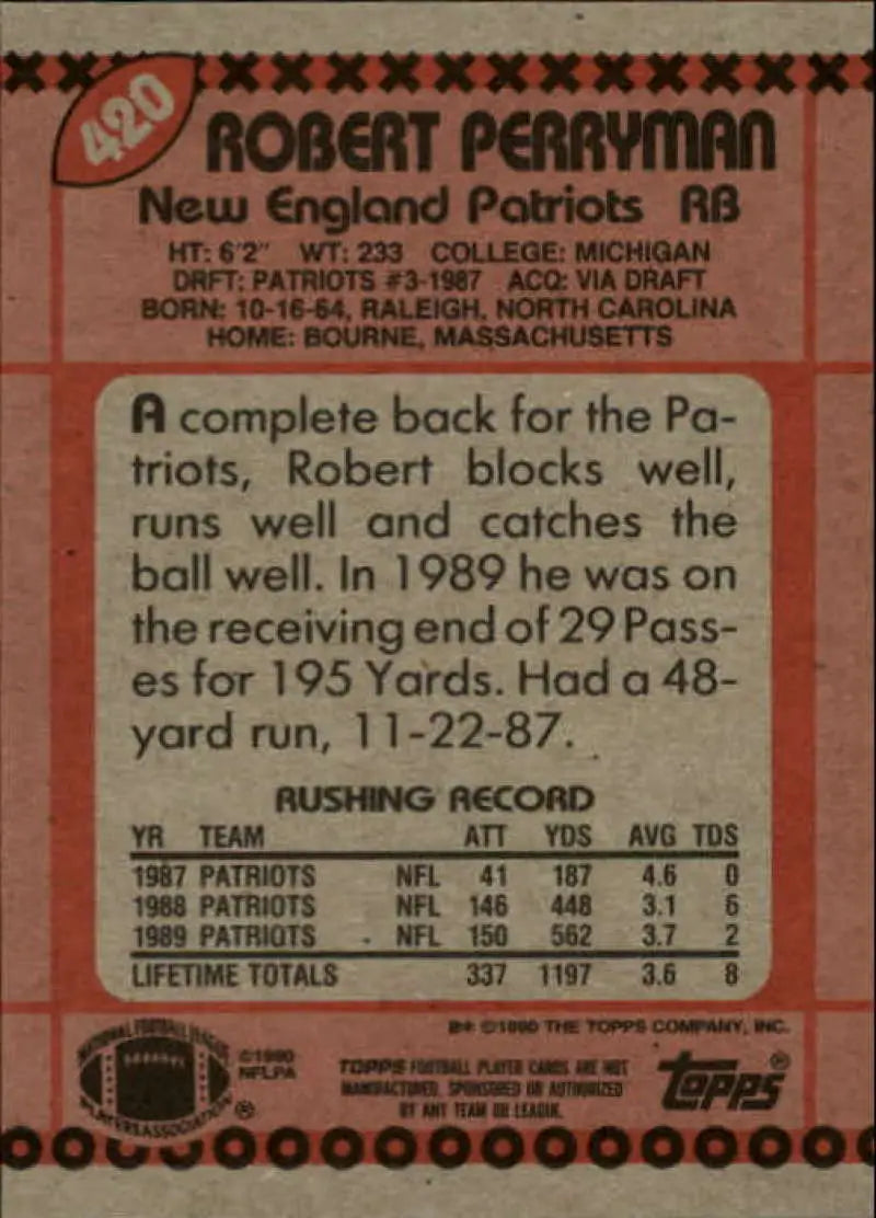 1990 Topps #420 Robert Perryman EX Excellent New England Patriots Football Card - Football Card Single