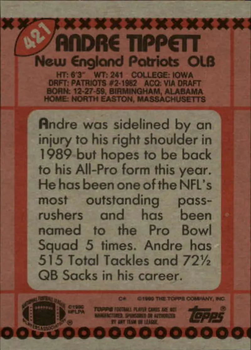 1990 Topps #421 Andre Tippett EX Excellent New England Patriots Football Card - Football Card Single