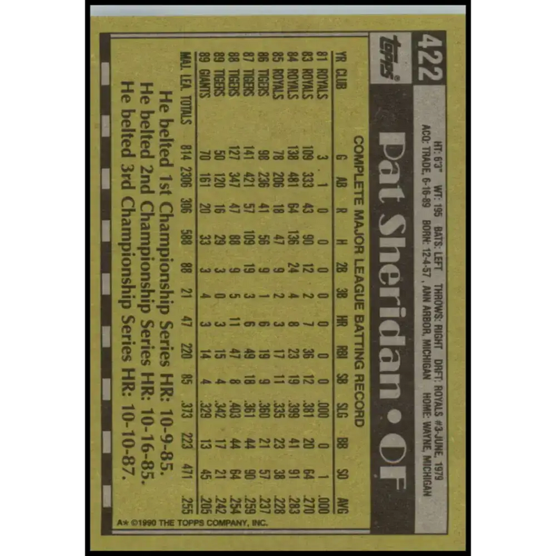 1990 Topps #422 Pat Sheridan NM-MT San Francisco Giants Baseball Card - Baseball Card Single